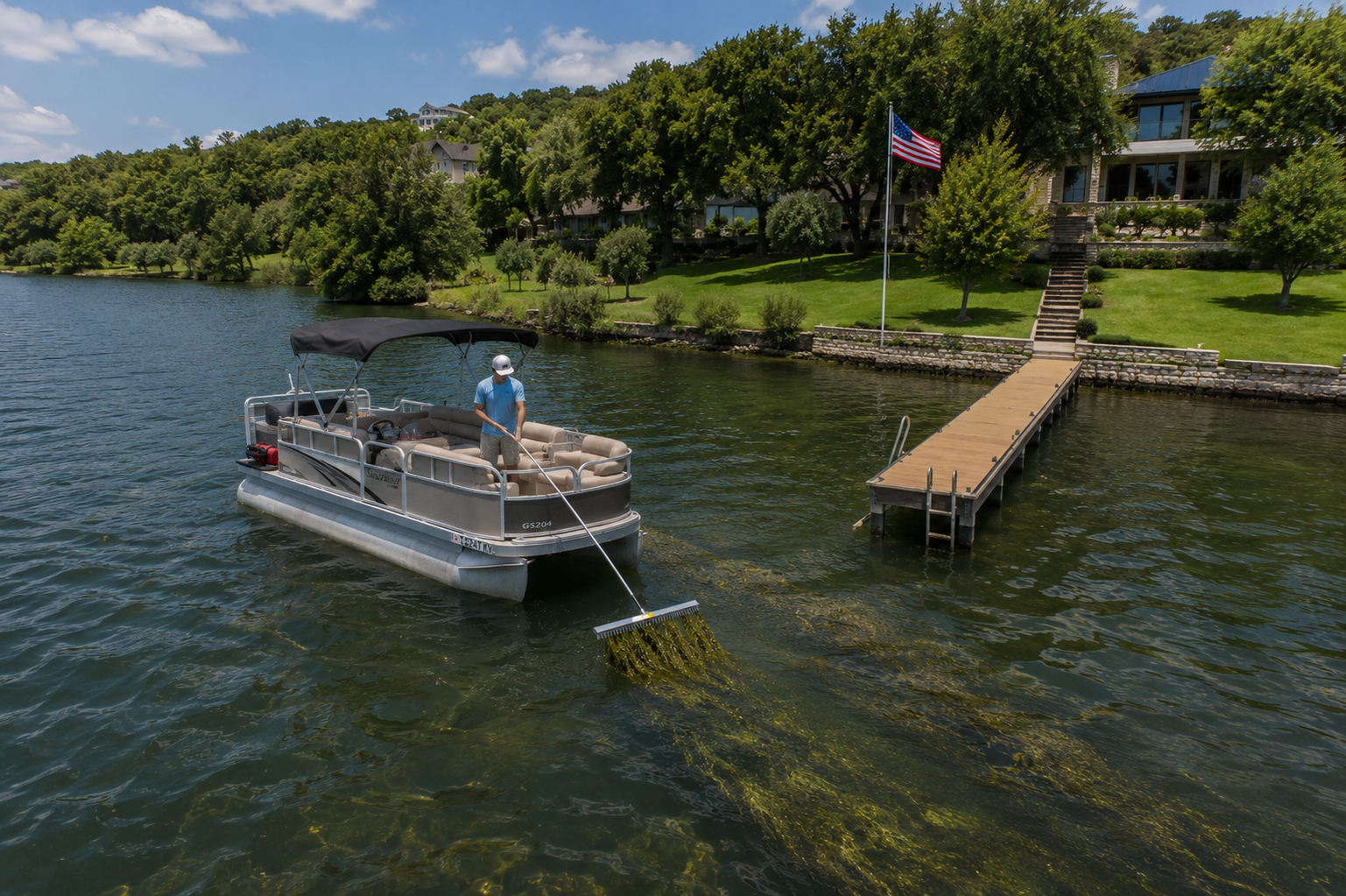 ClearWake pontoon rig clearing hydrilla on Lake Austin